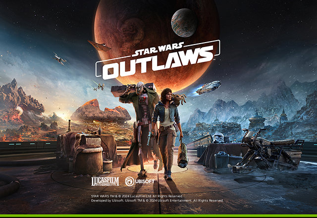 Promotional image for "Star Wars: Outlaws" video game displaying two characters in a rugged alien landscape, with a large red planet in the background. The Lucasfilm and Ubisoft logos are visible at the bottom.